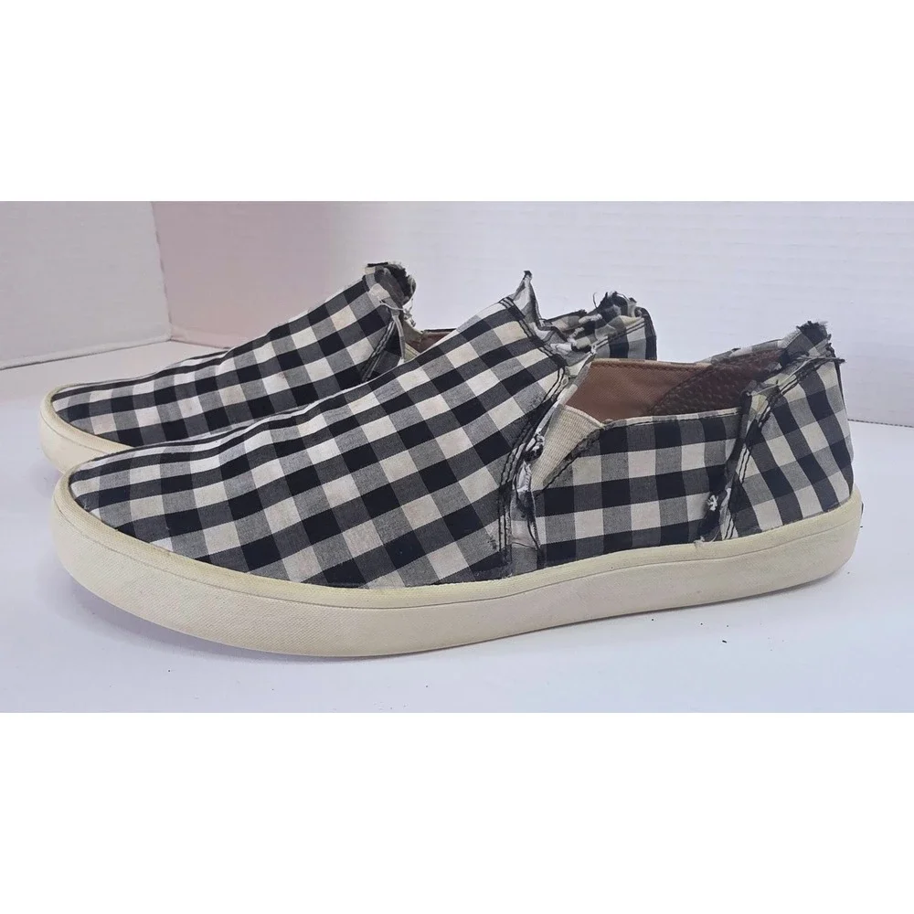 Kate Spade New York Lily Gingham Slip On Sneaker Black White Fray Canvas SZ 7